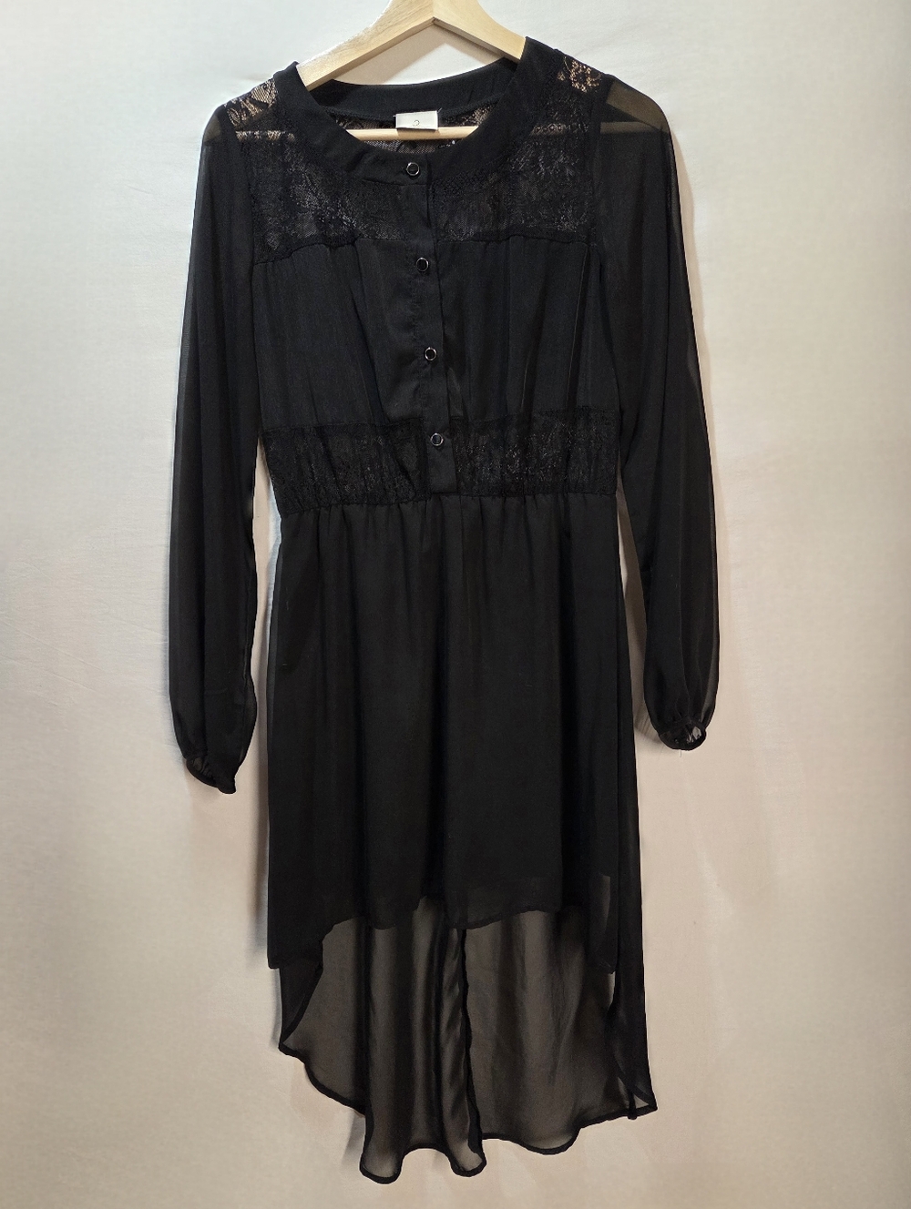 Black Lace High-Low Dress Round Neck Button Front Long Sleeve Sheer Gothic Sz M